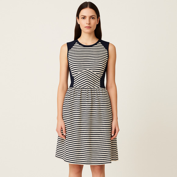 Rebecca Taylor Navy & White Striped Sleeveless Jersey Dress - Size Medium - Picture 1 of 11